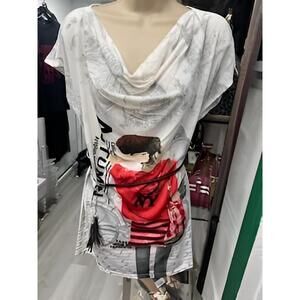 NEW PARIS PARIS women's belted cowl neck tunic top in red grey